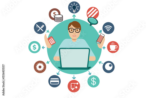 Person Working on Laptop with Surrounding Icons of Finance Technology and Coffee