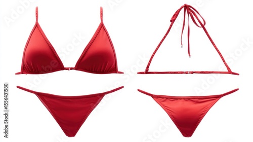 Front and back views of a classic triangle bikini in solid color, isolated on a pure white background for product mockups