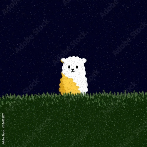 Cute cartoon sheep stargazing from gentle hill
