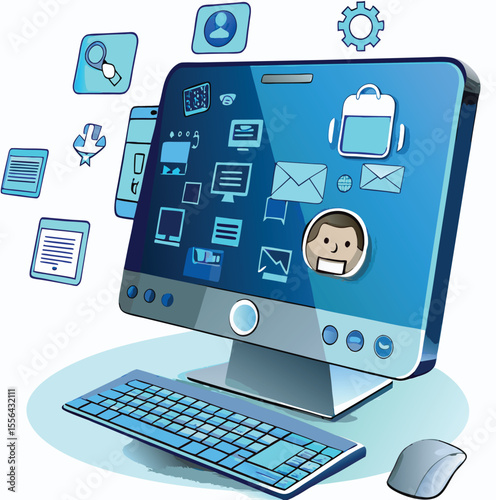 Blue Desktop Computer with Keyboard Mouse and Application Icons vector
