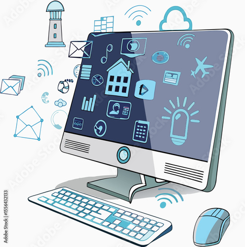 Desktop Computer with Keyboard Mouse Lightbulb and Network Icons Blue and Gray Tones