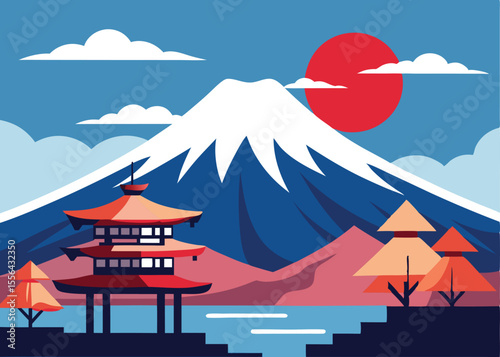 A picturesque view of mount fuji with a traditional japanese temple by the water