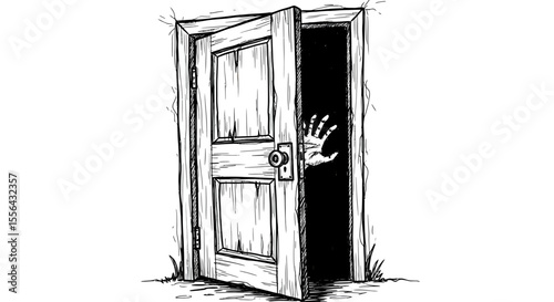 Creepy door illustration featuring a mysterious hand emerging from the darkness