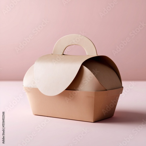 Cardboard take away box with handle resting on pink surface