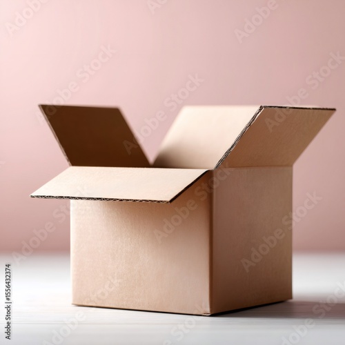 Open cardboard box displaying empty interior on pink background