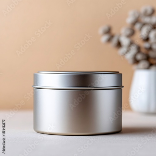 Round metal tin container resting on table with dried flowers in background