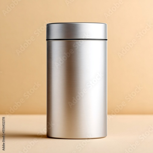 Brushed metal container standing on beige background