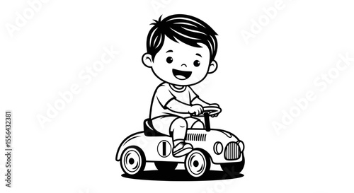 Delightful cartoon illustration of a cheerful boy driving a toy car with joy