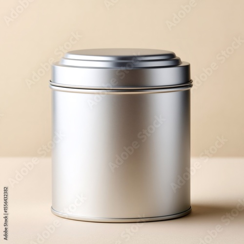 Closed metal storage tin can on beige background