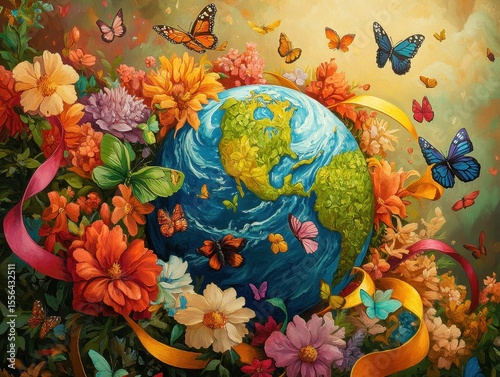 Butterfly-filled garden with Earth as centerpiece
