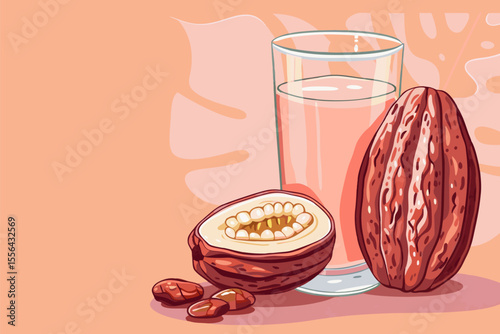 Vector illustration of cacao water in a glass and half of cacao fruit with palm leaves on a peach backdrop