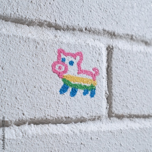 Cute piglet painting rainbow on garden wall