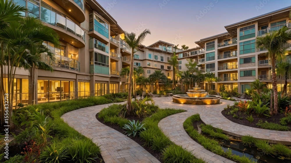 Naklejka premium Luxury Apartment Courtyard With Decorative Fountain and Lush Landscaping at Sunset in a Tropical Location