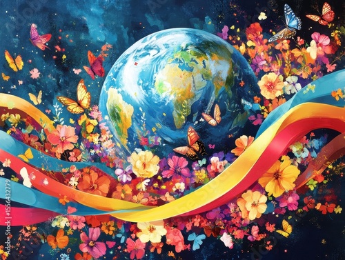 Colorful butterfly swirls around vibrant flowers and the Earth