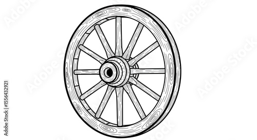 Detailed Line Art Illustration of an Old-fashioned Wooden Cart Wheel on White