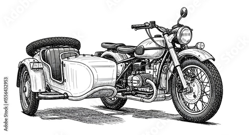 Detailed line art illustration of a classic motorcycle with sidecar on white background