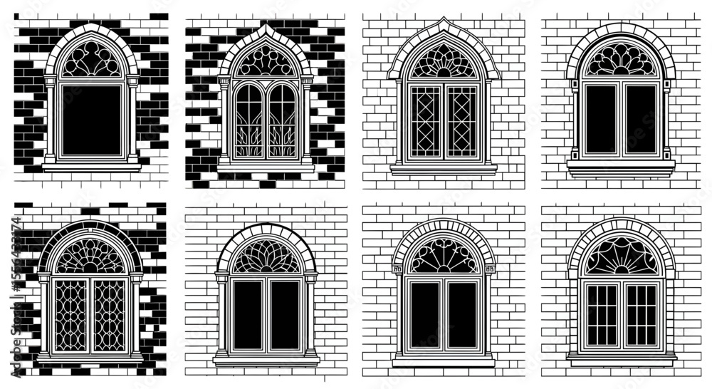 Obraz premium Detailed monochrome illustration of various arched gothic windows on brick walls