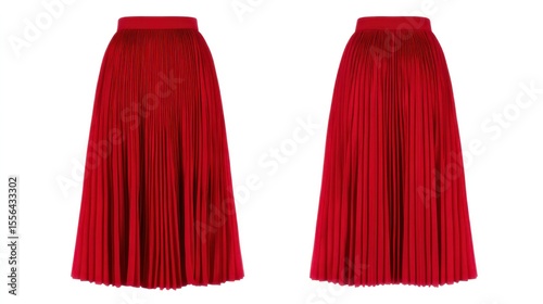 Front and back views of a red pleated midi skirt, flat lay presentation, seamless white background, professional product photography