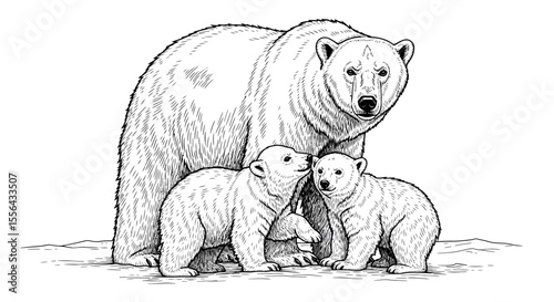 Engraved polar bear family, illustration of mother bear with two cubs on ice