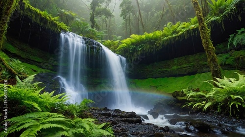 Majestic Waterfall Cascading Into Rocky Basin Surrounded by Lush Greenery in a Serene Forest Setting During Early Morning Hours