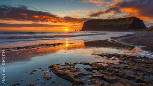 Vibrant Sunset Reflecting on the Calm Ocean Surface at a Remote Beach Near a Cliff During Twilight Hours