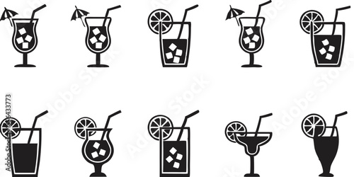 Assorted Cocktails Collection – Black and White Vector Illustration of Mixed Drinks with Garnishes cocktails, drinks, vector, black, white, illustration, alcohol, beverage