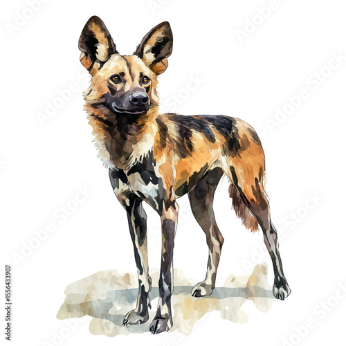 African Wild Dog, watercolor vector, isolated on a white background.
