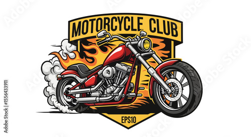 Illustrative emblem featuring a red motorcycle with flames and smoke effects