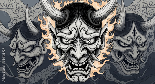 Illustration of three striking oni masks with intricate details and dramatic expressions