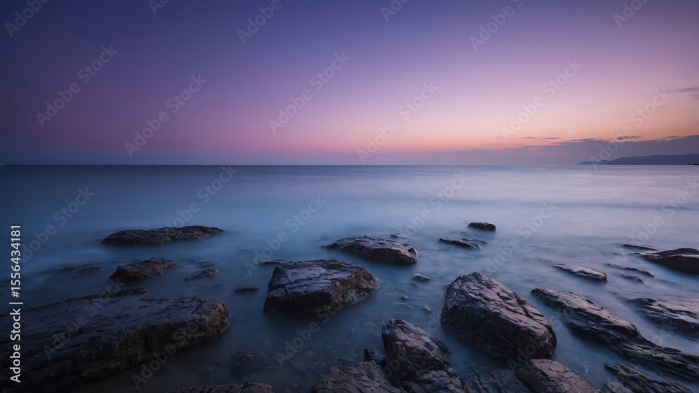 Obraz premium Captivating Twilight View of Rocky Shore With Calm Waves and Colorful Sky at Sunset by the Ocean