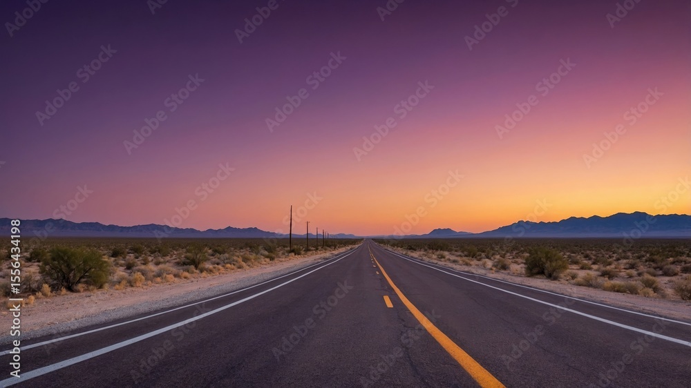 Naklejka premium Stunning Sunset Over a Long, Empty Highway Stretching Across Desert Landscape With Mountain Silhouettes in the Background