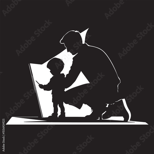  a black silhouette of an adult bending or crouching beside a small child,