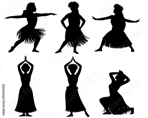 Silhouettes of hula dancers in various poses