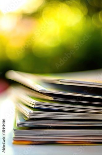 Stack of magazines with a green blurred background showing soft focus photography for reading