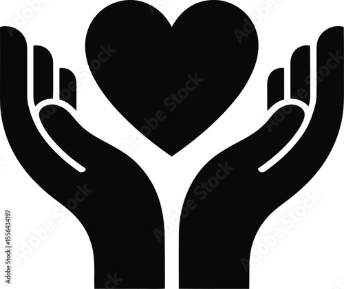 Hands holding a heart symbolizing love care support and compassion presented as a simple black and white graphic