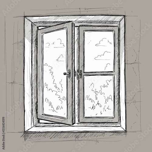 Sketch of an open window with a view of nature and clouds outside