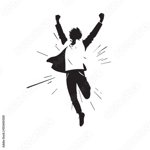 a single silhouette of a person mid-jump with both arms raised high. Represents success