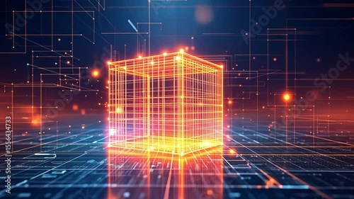 Illuminated Cube in Digital Network: A 3D Rendering of Technological Innovation