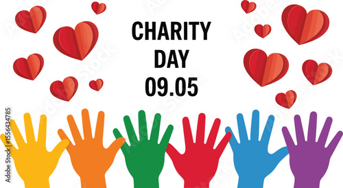 International Day of Charity Illustration with Diverse Hands Holding Hearts and a Yellow Banner with Text Stars in