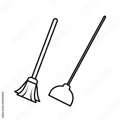Broom and dustpan propped neatly in corner in line drawing Vector illustration
