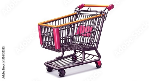 A shopping cart with pink accents and a child seat on a white background