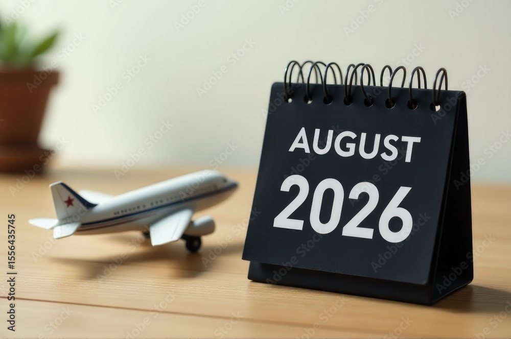 Fototapeta premium Model airplane on a desk calendar..New Year 2026.