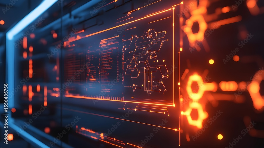Obraz premium Illuminating Code: An abstract representation of a digital interface, with glowing circuits and data visualizations.