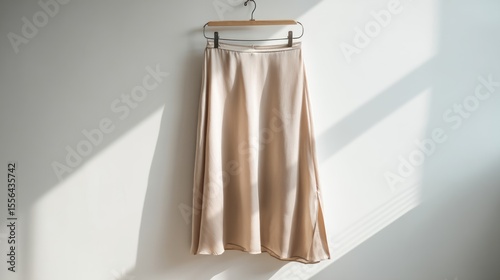 Front view of a silk midi skirt with side slit, hanging on padded hanger, clean white background, soft lighting
