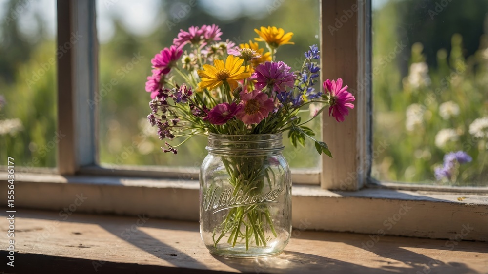 custom made wallpaper toronto digitalBright and Vibrant Wildflowers in a Mason Jar Placed on a Sunlit Windowsill in a Serene Garden During Afternoon Hours