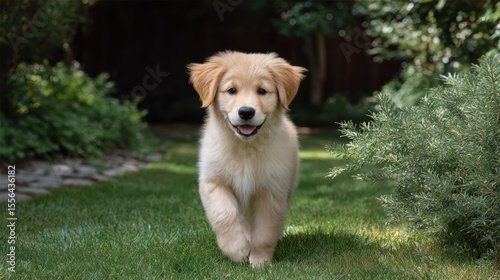 Golden Retriever puppy fluffy running concept. A playful golden retriever puppy joyfully walks through a lush green garden.