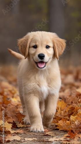 Golden Retriever puppy fluffy running concept. A playful puppy walks through autumn leaves, showcasing its joyful expression.