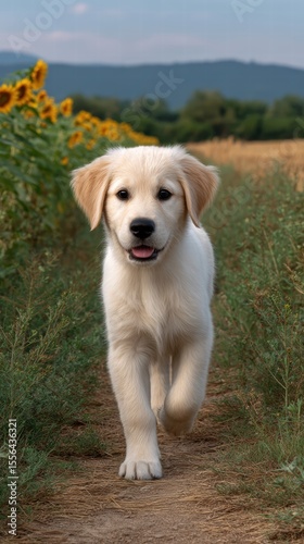 Golden Retriever puppy fluffy running concept. A golden retriever puppy joyfully runs down a path surrounded by sunflowers and greenery.