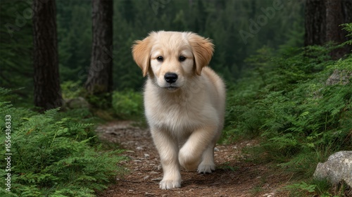 Golden Retriever puppy fluffy running concept. A cute golden retriever puppy walking through a lush green forest trail.