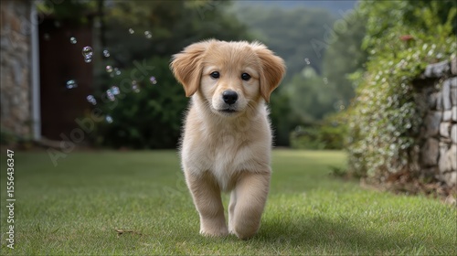 Golden Retriever puppy fluffy running concept. Playful golden retriever puppy walking through a garden with bubbles floating around.